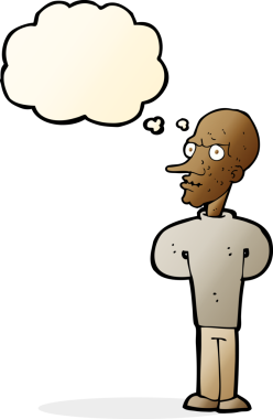 Bir insan tarafından çizilmiş düşünce balonlu kötü kel adam çizgi filmi.