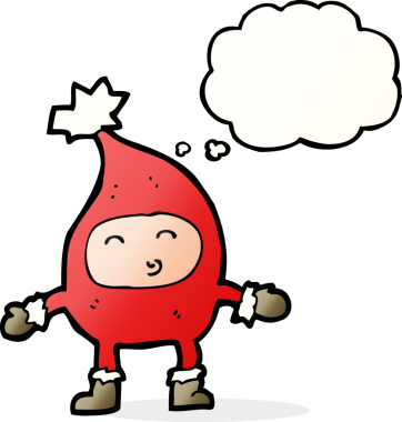 Bir insan tarafından çizilmiş düşünce baloncuklu komik noel karakteri.