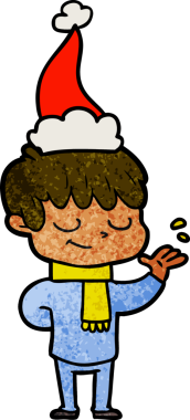 Bir insan tarafından çizilmiş Noel Baba şapkası giyen mutlu bir çocuğun el çizimi karikatürü.