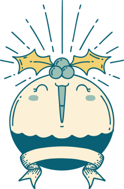 Dövme stili parşömen bir insan tarafından çizilmiş noel pudingini söylüyor.