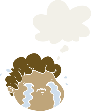 Düşünce baloncuğu olan ağlayan bir çizgi film karakteri insan tarafından çizilmiş.