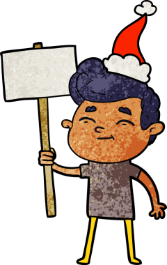 Mutlu el çizimi bir insan tarafından çizilmiş Noel Baba şapkası takan bir adamın çizgi filmi.