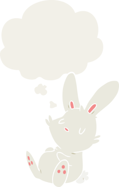 Düşünce baloncuğuyla uyuyan çizgi film tavşanı insan tarafından çizilmiş.