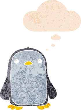 Homurdanan düşünce baloncuğu olan sevimli penguen dertli eski moda bir insan tarafından çizilmiş.