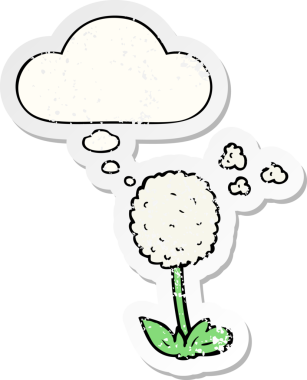 Düşünce baloncuğu olan karikatür çiçeği insan tarafından çizilmiş yıpranmış bir çıkartma gibi.