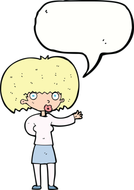 Bir insan tarafından çizilmiş konuşma balonuyla hareket eden karikatür kadın.