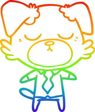 Gökkuşağı gradyan çizgisi. Bir insan tarafından çizilmiş ofis tişörtü giyen sevimli bir köpeğin çizimi.