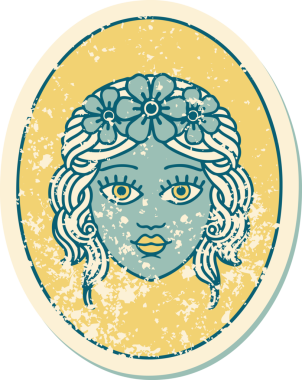 Bir insan tarafından çizilmiş çiçek taçlı bir bakirenin sembolik dövmesi.