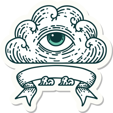 Bir insan tarafından çizilmiş her şeyi gören bir göz bulutu dövmesi stili çıkartması