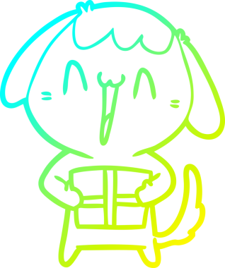 Bir insan tarafından çizilmiş noel hediyeli şirin bir köpeğin soğuk gradyan çizimi.