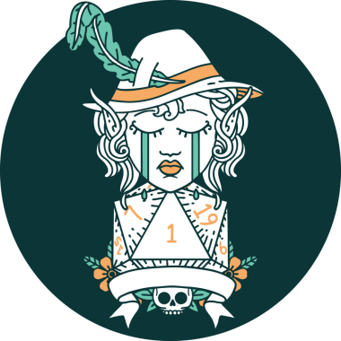 Ağlayan Elf Ozan karakteri ikonu. Bir insan tarafından çizilmiş doğal bir D20 rulosu.