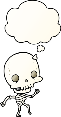 Bir insan tarafından çizilmiş yumuşak eğimli düşünce baloncuklu karikatür iskeleti.