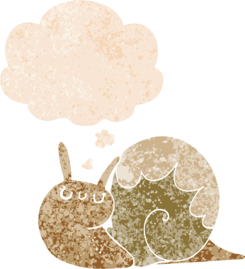 Tatlı çizgi film salyangozu. Düşünce baloncuğu ve grunge dertli retro desenli bir insan tarafından çizilmiş.