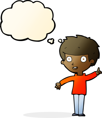 Bir insan tarafından çizilmiş düşünce baloncuğu fikri olan çizgi film çocuğu.