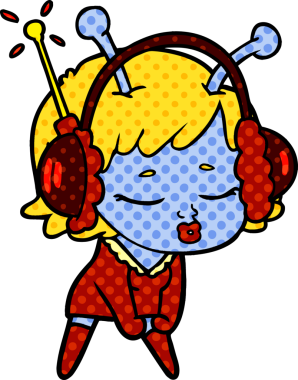 Sevimli uzaylı kız bir insan tarafından çizilen müziği dinliyor.