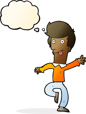 Bir insan tarafından çizilmiş düşünce baloncuğuyla dans eden çizgi film adamı.