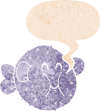 Bir insan tarafından çizilmiş, grunge 'da konuşma baloncuğu olan karikatür kirpi balığı.