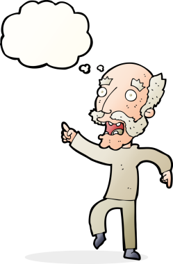 Çizgi film, bir insan tarafından çizilmiş düşünce balonuyla korkmuş yaşlı bir adam.