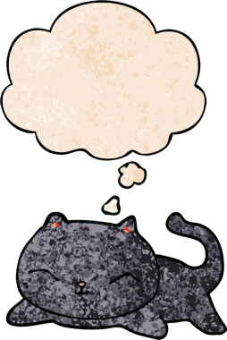 Bir insan tarafından çizilmiş grunge desenli düşünce baloncuklu çizgi film kedisi.