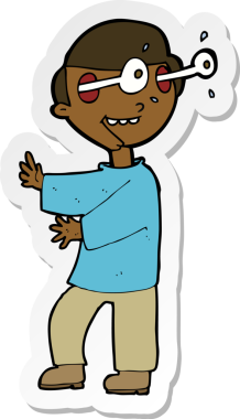 Bir insan tarafından çizilmiş gözleri fırlayan bir çizgi film çocuğunun çıkartması.