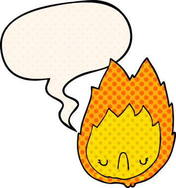 Çizgi roman tarzında bir insan tarafından çizilmiş, konuşma baloncuğu olan mutsuz bir alev.