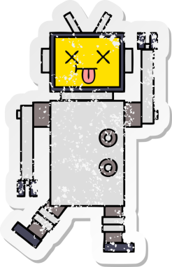 Bir insan tarafından çizilmiş sevimli bir robot çizgi film çıkartması.