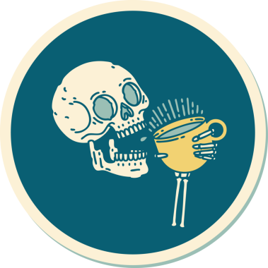 Bir insan tarafından çizilmiş kahve içen geleneksel bir kafatası stili dövme çıkartması.