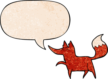 Konuşma baloncuğu olan çizgi film tilkisi, bir insan tarafından çizilmiş geçmiş doku tarzıyla.