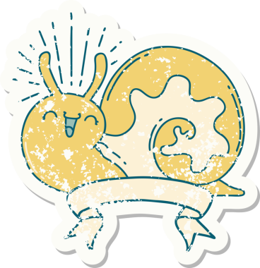 Dövme stili eski bir çıkartma. Bir insan tarafından çizilmiş mutlu salyangoz.