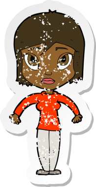 Bir insan tarafından çizilmiş omuzlarını silken karikatürlü bir kadının gerilmiş çıkartması.