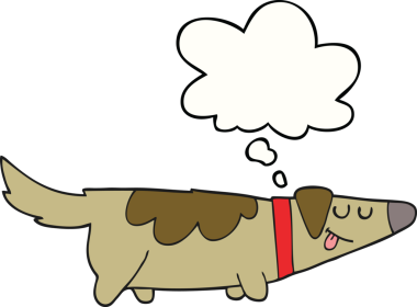 Bir insan tarafından çizilmiş düşünce baloncuklu çizgi film köpeği.