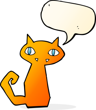 Bir insan tarafından çizilmiş konuşma balonu olan çizgi film kedisi.