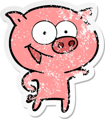 Bir insan tarafından çizilmiş neşeli bir domuz çizgi filminin hüzünlü çıkartması.