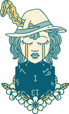 Retro Dövme Tarzı Ağlayan İnsan Ozanı Bir insan tarafından çizilmiş doğal bir D20 zar ile