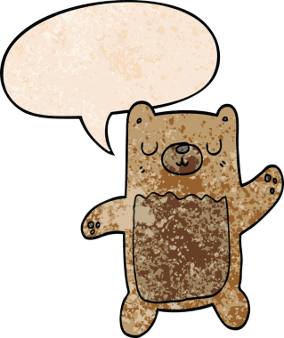 Bir insan tarafından çizilmiş eski moda konuşma baloncuğu olan çizgi film ayısı.