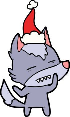 Bir insan tarafından çizilmiş Noel Baba şapkası takan bir kurdun el çizimi.