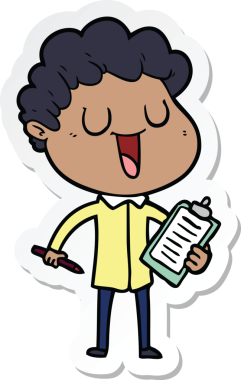 Bir insan tarafından çizilmiş not panosu ve kalemi olan gülen bir karikatürcünün çıkartması.