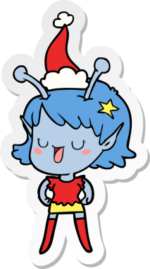 Mutlu uzaylı kız el çizimi. Bir insan tarafından çizilmiş Noel Baba şapkası.