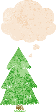 Düşünce baloncuğu olan karikatür noel ağacı grunge sıkıntılı retro dokuma tarzı bir insan tarafından çizilmiş