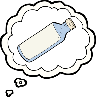 Bir insan tarafından çizilmiş düşünce baloncuklu su şişesi.