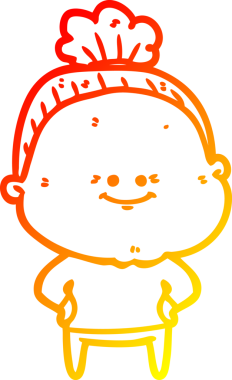 Bir insan tarafından çizilmiş mutlu, yaşlı bir kadının sıcak çizgi çizimi.