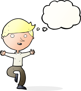 Bir insan tarafından çizilmiş düşünce baloncuğu ile heyecanlı bir adam.