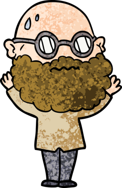 Bir insan tarafından çizilmiş sakallı ve gözlüklü endişeli bir adam.