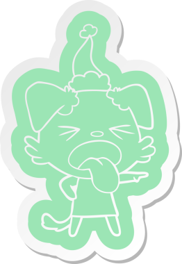 Bir insan tarafından çizilmiş Noel Baba şapkası giyen tiksinmiş bir köpeğin garip çizgi film etiketi.