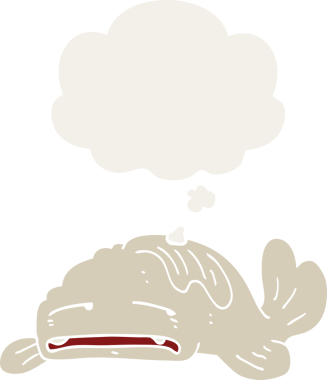 Düşünce baloncuğu insan tarafından çizilmiş üzgün yaşlı balık çizgi filmi.