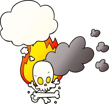 Düşünce baloncuğu olan, insan tarafından çizilmiş, garip, yanan kemikler.