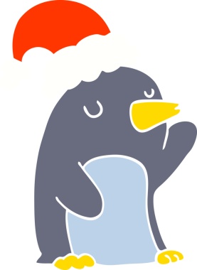 Sevimli düz renkli karikatür Noel pengueni bir insan tarafından çizilmiş.