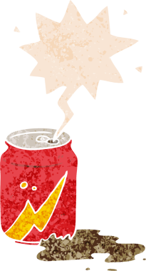 Bir insan tarafından çizilmiş grunge dertli retro desenli konuşma baloncuklu çizgi film soda kutusu.