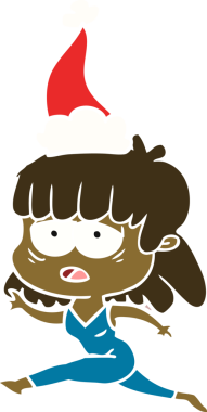 Bir insan tarafından çizilmiş Noel Baba şapkası giyen yorgun bir kadının el çizimi düz bir çizim.