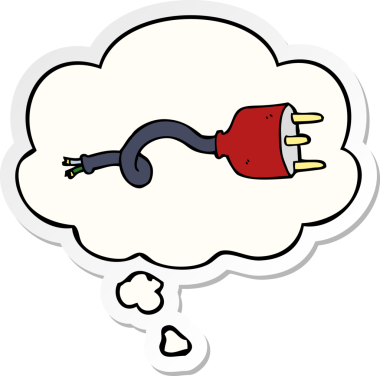 İnsan tarafından çizilmiş bir çıkartma olarak düşünce baloncuklu karikatür elektrik prizi.